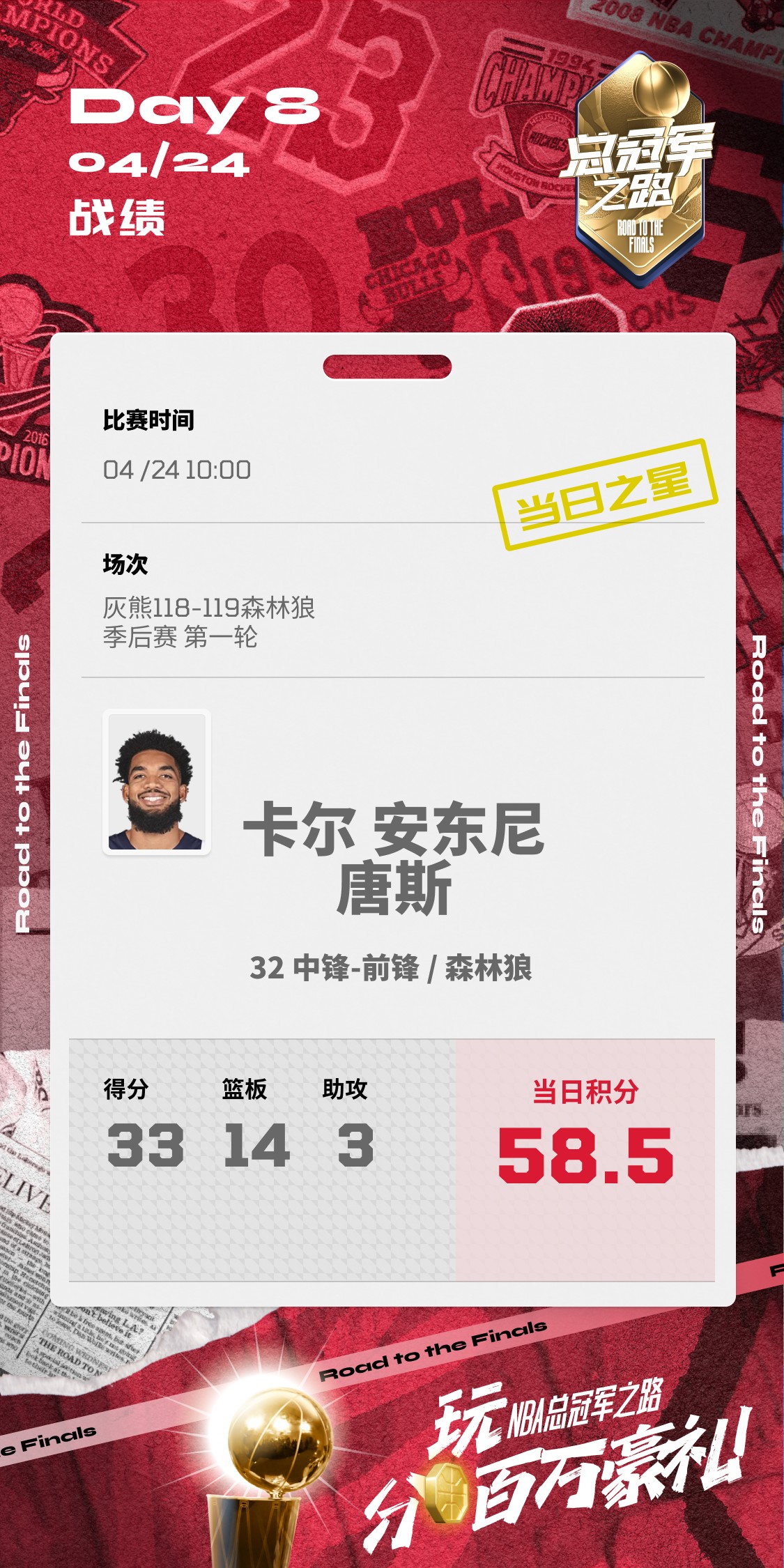卡尔-安东尼-唐斯 33分14篮板 NBA总冠军之路当日之星 _ 森林狼对阵灰熊G3 _卡尔-安东尼·唐斯